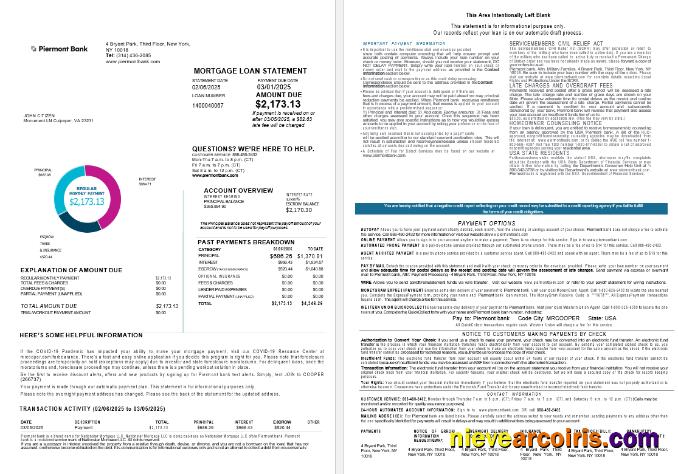 USA New York Piermont bank mortgage loan statement, 4 pages 1-2